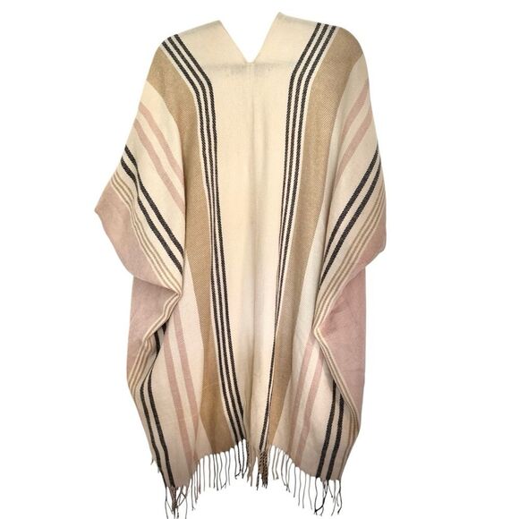 LOFT Pink Cream Neutral Colors Fringe Open Front Poncho One Size - Picture 10 of 11